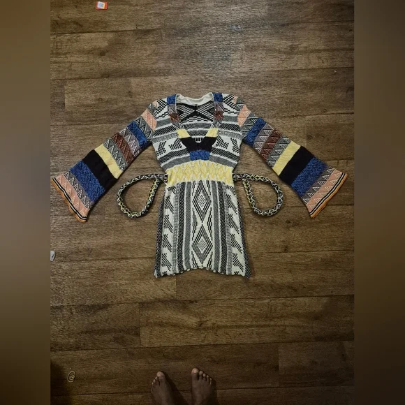 FREE PEOPLE XS Multicolor Patchwork Long Bell Sleeve Sweater Dress - Picture 7 of 10